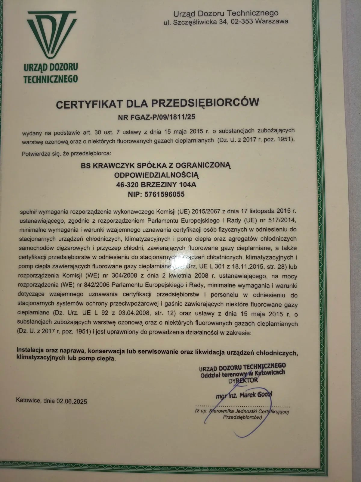 Certyfikat UDT firmowy BS Krawczyk Sp. z o.o. uprawniający do instalacji magazynów energii i pomp ciepła — Magave