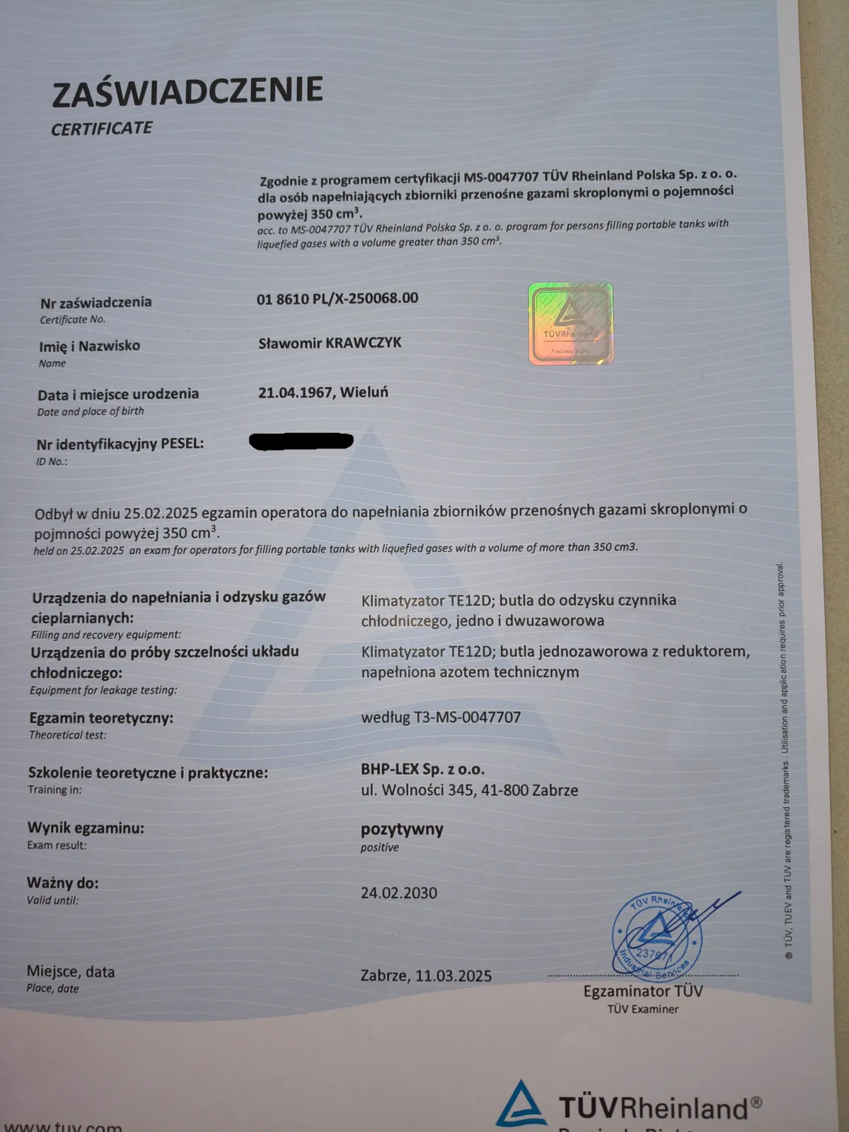 Certyfikat ukończenia szkolenia z instalacji klimatyzacji i pomp ciepła - Magave, BS Krawczyk