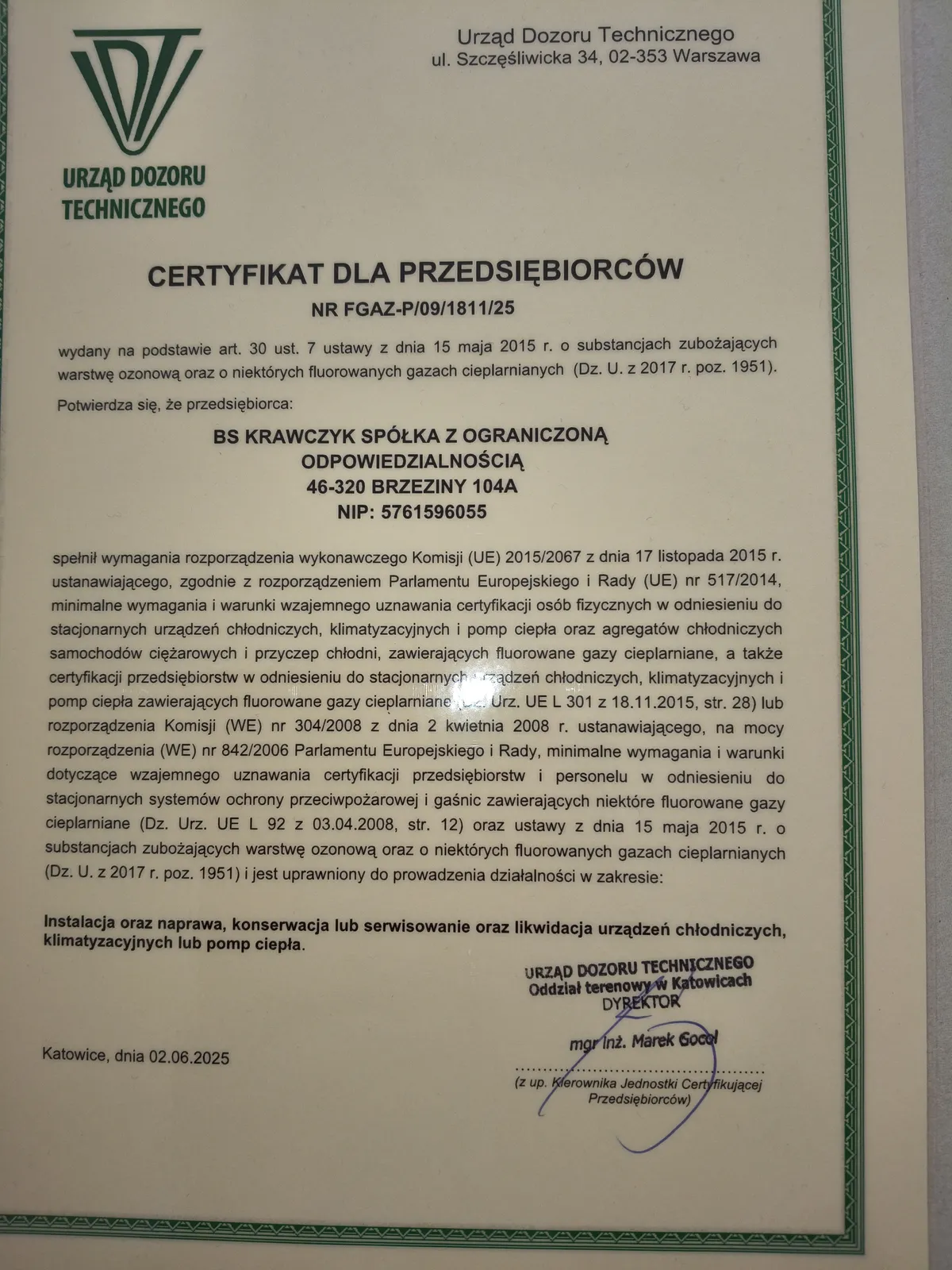 Certyfikat UDT firmowy BS Krawczyk Sp. z o.o. uprawniający do instalacji magazynów energii i pomp ciepła - Magave
